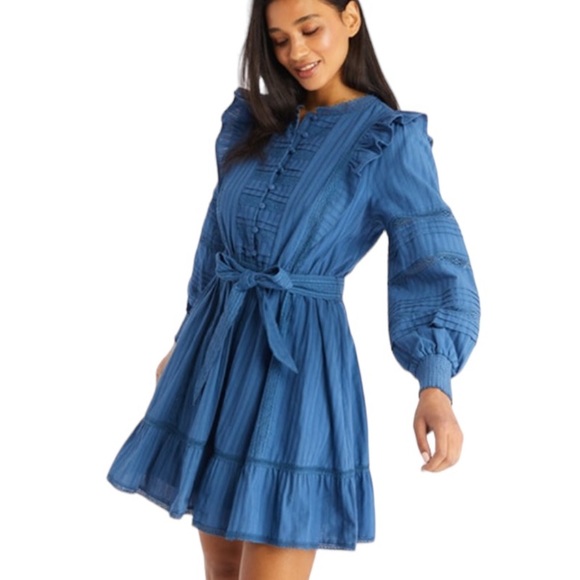 Allison NY Piper Lace Ruffle Tie Waist Mini Dress - Provincial Cornflower Blue S - Picture 3 of 14